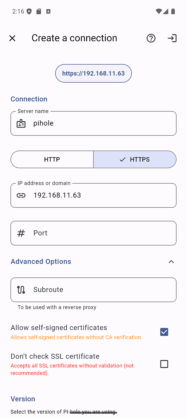 Self-signed certificate settings